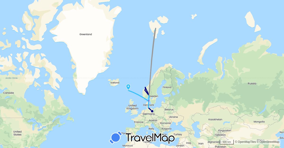 TravelMap itinerary: driving, plane, train, boat in Germany, Denmark, Faroe Islands, Norway (Europe)